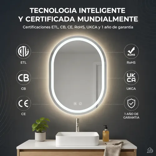 Espejo Ovalado Baño 60×80 Living Luz Led Regulable Aluminio