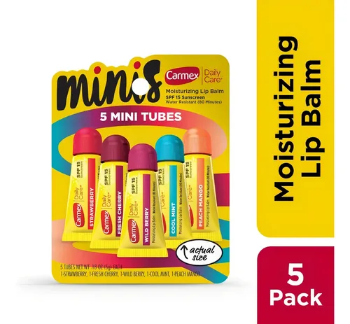 Carmex Bálsamo Labial Mini Pack 5 Sabores (Cereza, Mora Salvaje, Fresa, Menta Fresca, Mango-Durazno) | Hidratante con Protección Solar SPF 15, Suaviza y Hidrata Labios Secos y Agrietados