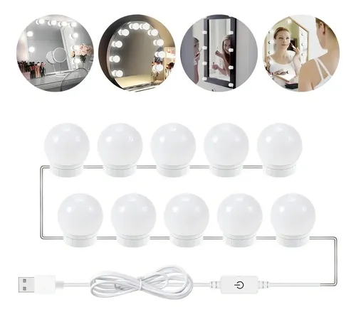 A Kit 10 Espejo Vestidor Luz Led Maquillaje 3 Tonos ,