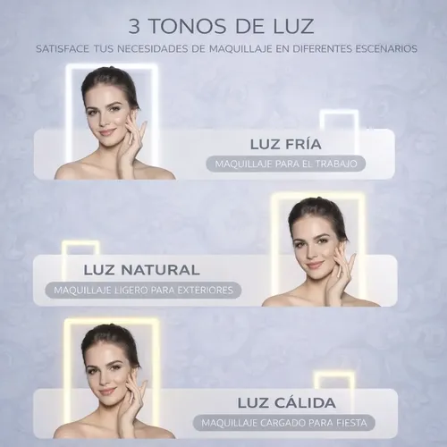 Espejo Con Aumento Y Luz Led 3 Tonos Para Maquillaje