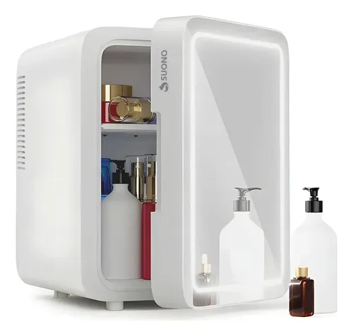 Mini Heladera De Cosméticos Suono Frigobar Con Espejo Y Luz LED para Skincare Maquillaje Frio y Calor Color Blanco 6L