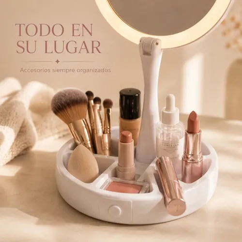 Espejo De Maquillaje Led Redondo Con Base Organizadora Luz