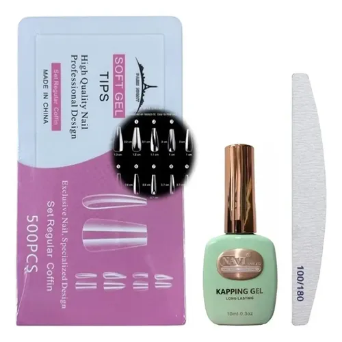 Kit Soft Gel X500 Tips Paris Night + Base Kapping 10ml+ Lima