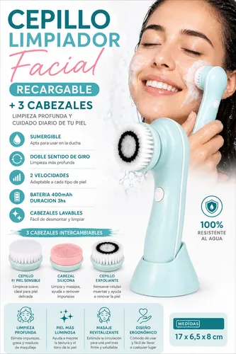 Cepillo Limpiador Facial Recargable 3 Cabezales Sumergible