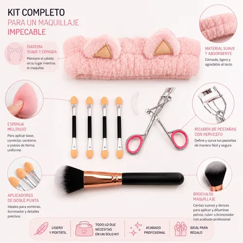Kit Belleza Maquillaje Facial Esponja Brocha Y Vincha Set