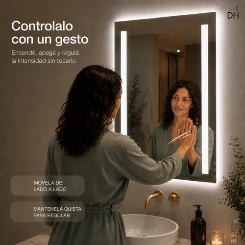 Espejo Rectangular Luz Led Sensor Movimiento 70x50cm 3luces Marco De Vidrio