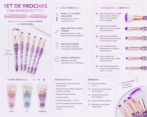 Set X5 Brochas Maquillaje Glitter Cristal
