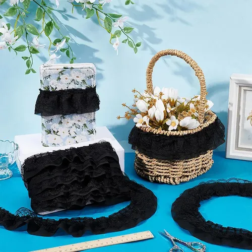 Cinta De Gasa Negra Con Encaje De 12.5 Yardas Negro Lace Edge
