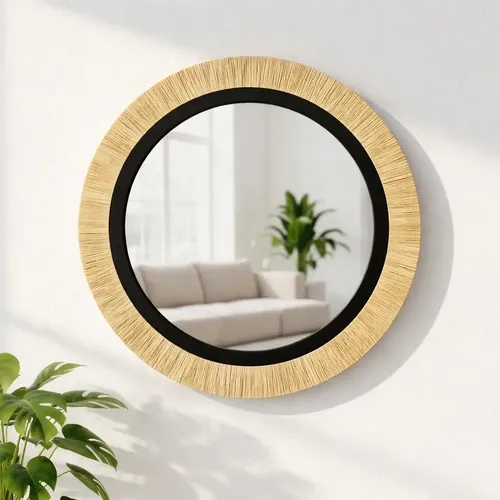 Espejo Redondo Pared Marco Mdf Negro Con Fibra Natural 33cm