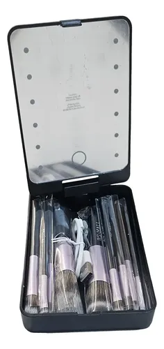 Set 14 Brochas Maquillaje C/estuche Espejo Led Profesional Color Negro