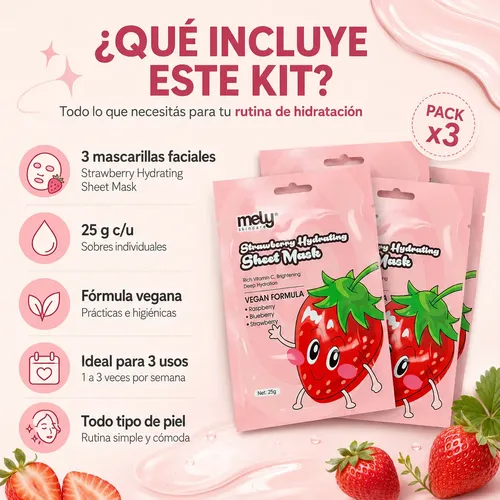Kit X3 Mascarillas Faciales Mely Frutilla Hidratantes 25g