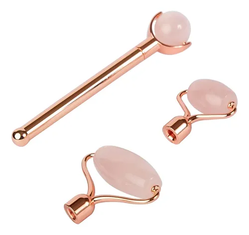 Masajeador Facial Jade Cuarzo Rosa Roller Piedra Triple Caja