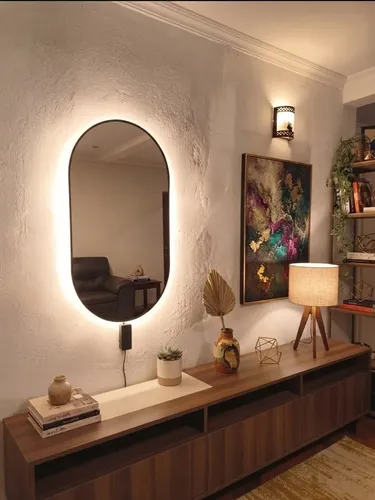 Espejo Con Luz Led Cálida Ovalado 70×40 Borde Negro De Pared
