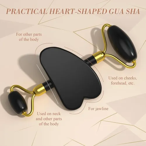 Set Facial Gua Sha Y Rodillo Jade Negro Para Masajes