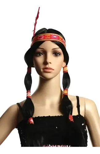 Peluca Larga Negra India Con Pluma Pocahontas Moana