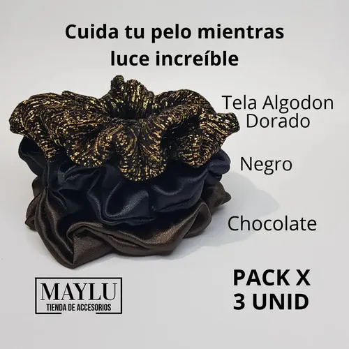 Scrunchie Raso, Colita De Pelo Pack 3 Unidades Negro/chocolate/dorado