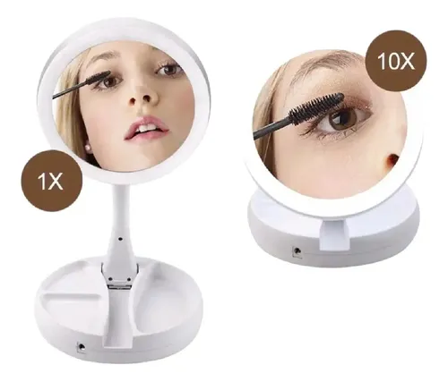 Espejo Luz Led Maquillaje Recargable Plegable Redondo Pilas