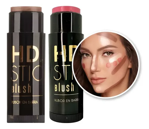 Kit Contorno Cremoso Barra Iluminador Rubor Stick Hd Katalia Tono Del Maquillaje X2_bronce Satinado – Soft Pink Mate