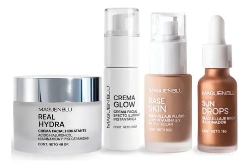 Kit Skincare Maquillaje Facial Crema Iluminadora Glow + Crema Hidratante Facial Real Hydra + Base Skin Filtro Solar + Bronzer Sun Drops