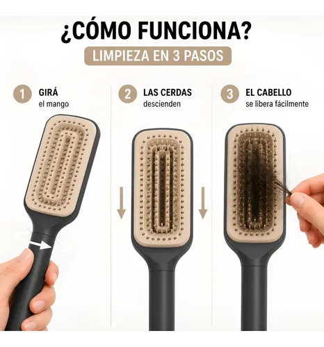 Peine Desenredante Autolimpiante Mango Giratorio Mujer X4u