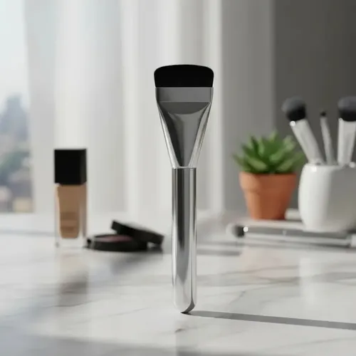 Brocha Plana Para Base De Maquillaje + 2 Esponjas Plateado
