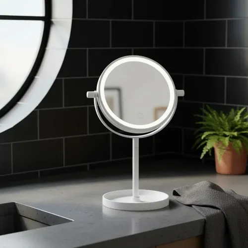 Espejo Redondo De Pie Con Luz Led Fría Para Maquillaje