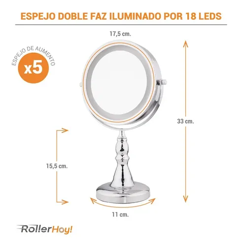 Espejo Luz Maquillaje Aumento X5 Doble Faz Base 18 Led Cuota