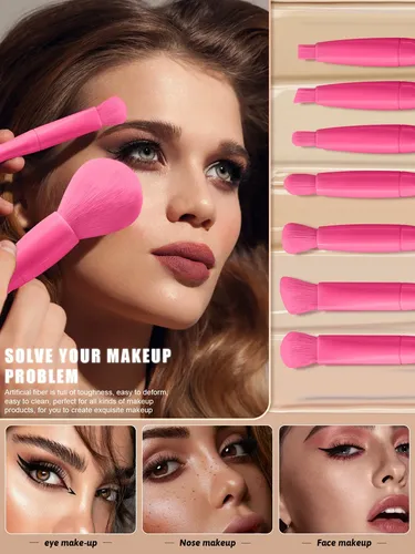 Set De 10 Brochas De Maquillaje Para Rostro Y Ojos Rose Pink