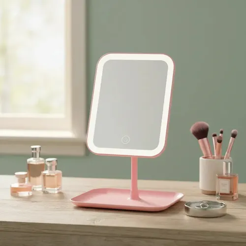 Espejo Maquillaje Led Con Luz Y Organizador Mesa Usb Rosa