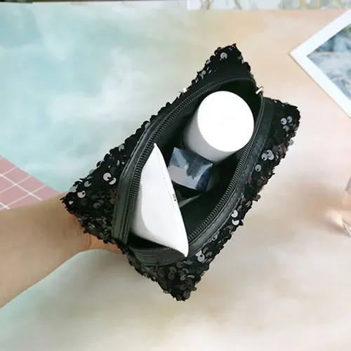 Cw Bolsa De Maquillaje Con Purpurina Negra Y Lentejuelas