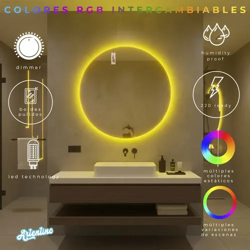 Espejo Led Pared Decorativo Redondo Luz Cálida Fría Rgb 80cm