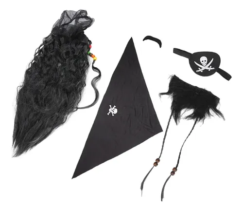 Set De Peluca Con Barba Falsa Y Bigote De Pirata Negro