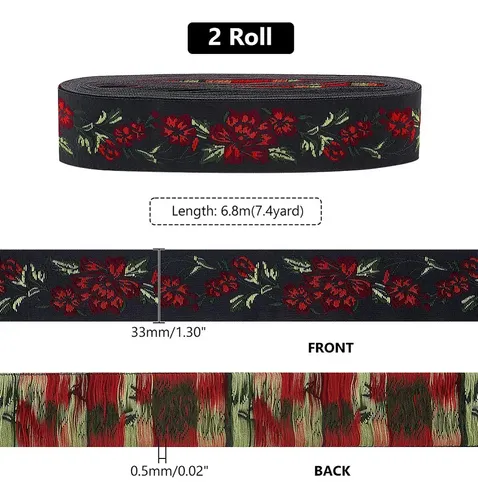 Cinta De Flores Jacquard De Poliéster De Estilo Étnico Plano Black Background With Red Flowers And Green Leaves Floral Jacquard