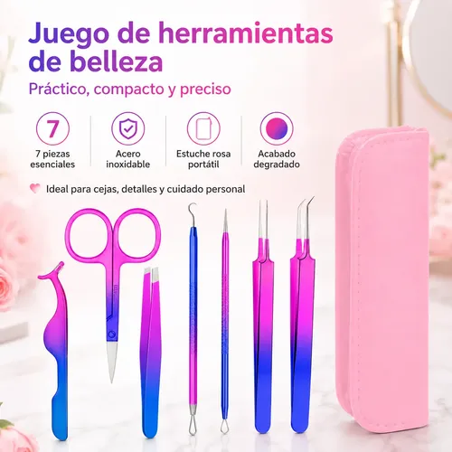 Kit 7 Herramientas Para Cejas Pestañas Pinzas Tijeras