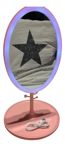 Espejo De Maquillaje Ovalado Con Luz Led Y Base Rosa