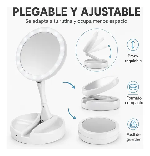 Espejo Redondo Led Plegable Con Aumento 10x Y Organizador