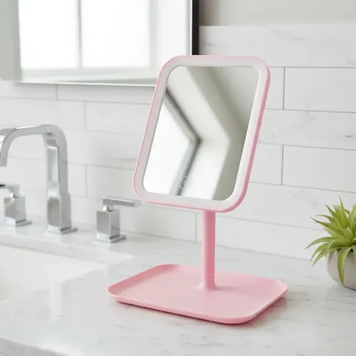 Espejo De Maquillaje Led 3 Tonos Táctil Con Base Rosa