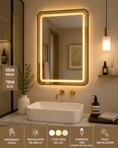 Espejo Rectangular 50x70cm Táctil Luz Led Baño Dormitorio