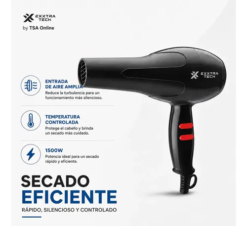Secador De Pelo Profesional Exxtra Tech 1500W Compacto Liviano Para Viaje Temperatura Controlada Difusor Negro