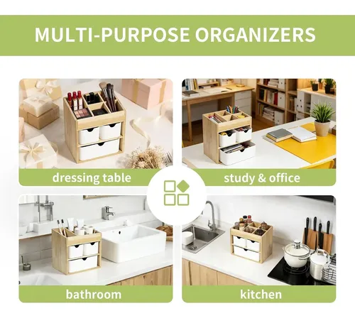 Organizador De Bambú Con 3 Cajones Para Maquillaje Y