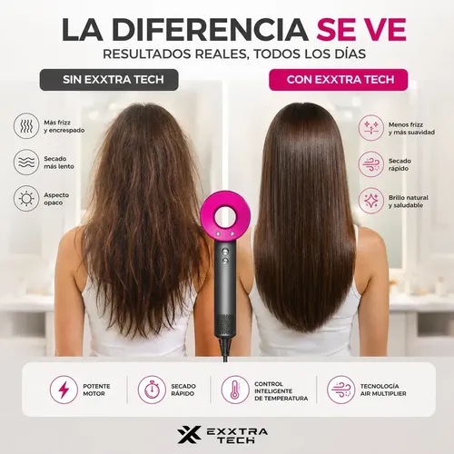 Secador de Pelo Profesional Exxtra Tech con 5 Boquillas Magnéticas y Soporte de Pared, 2000W Iónico Color Fucsia