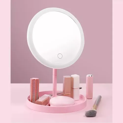 Espejo Maquillaje Portatil Tactil Con Luz Led Recargable Marco Rosa claro