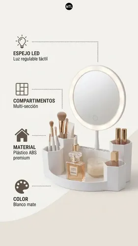 Organizador Maquillaje Mtl Con Espejo Blanco Porta Cosmeticos Tocador Multi Compartimentos Soporte Brochas Accesorios Belleza Practico Estetico Hogar Profesional