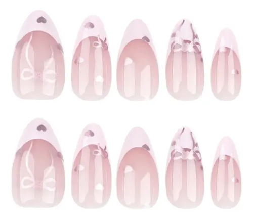 Uñas Postizas Con Lazo Rosa Francés En Forma De Corazón