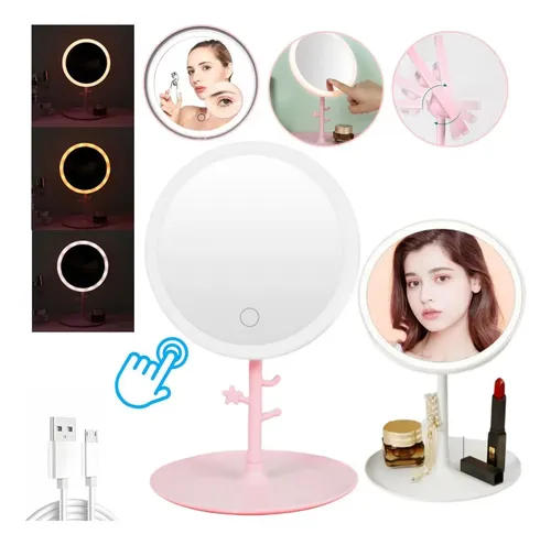 Espejo De Maquillaje Con Luz Led Usb Redondo Con Ganchitos
