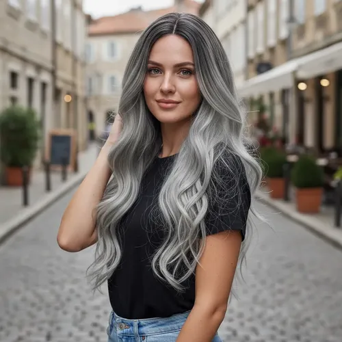 Peluquería Mujer Larga Ondas Grandes Negro Gris Degradado T Css0725w1