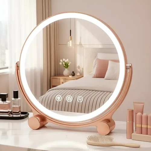 Espejo Redondo Cosmetic Mirror Led Rosa Luz Ajustable Usb Maquillaje