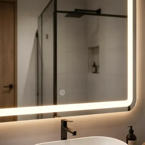 Espejo Led 60x80cm Botón Frontal Luz Calida Rectangular Baño