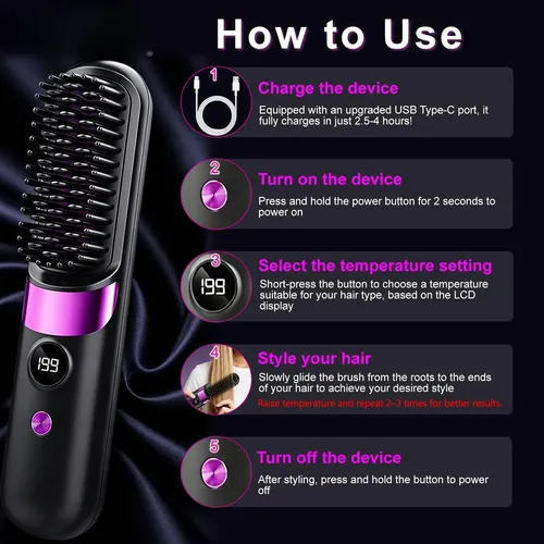 Straight Hair Comb, Rechargeable Portable Electric Brush Negro