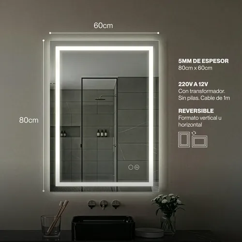 Espejo Digital Luz Led Táctil Desempañador Baño Rectangular